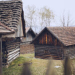 Row of rustic wooden houses with weathered logs and sloped roofs in a rural village setting.