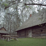 Rustic wooden cabins in a grassy clearing with a log fence and a small shed, surrounded by leafless trees in a forested area.