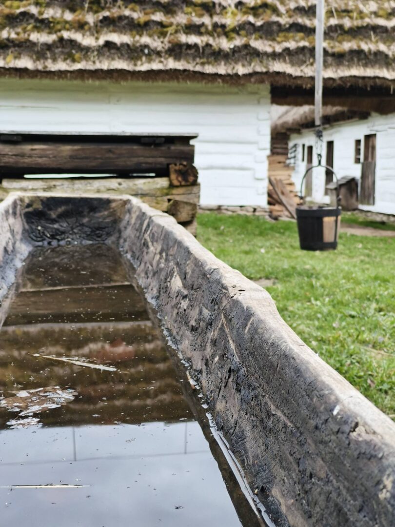 Weathered stone trough filled with still water in a rural farmyard; white thatched buildings rise behind the scene.